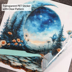 sticker mural paysage nocturne lune arbres fleurs transparent adhésif bleu blanc orange vert