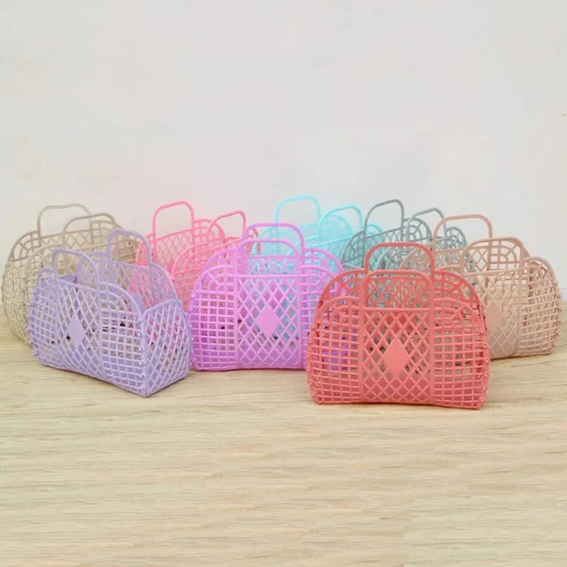 sac main maille vintage violet rose bleu clair beige pliable respectueux environnement