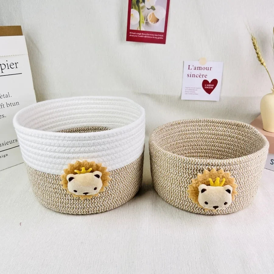 paniers tissus motif lion blanc beige rangement salon respectueux environnement multiple utilisation