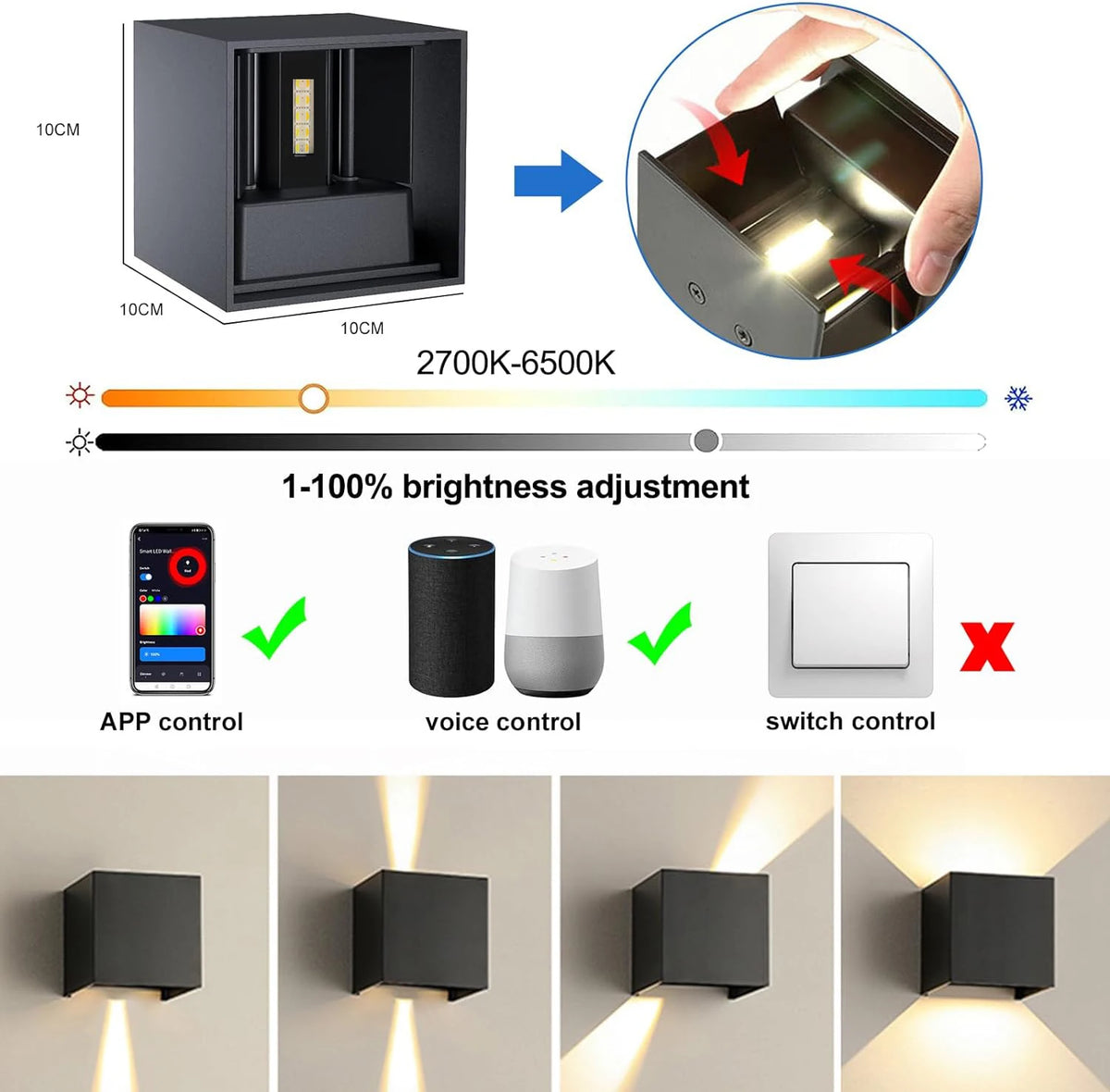 applique murale led noire contemporaine wifi zigbee contrôles app voice