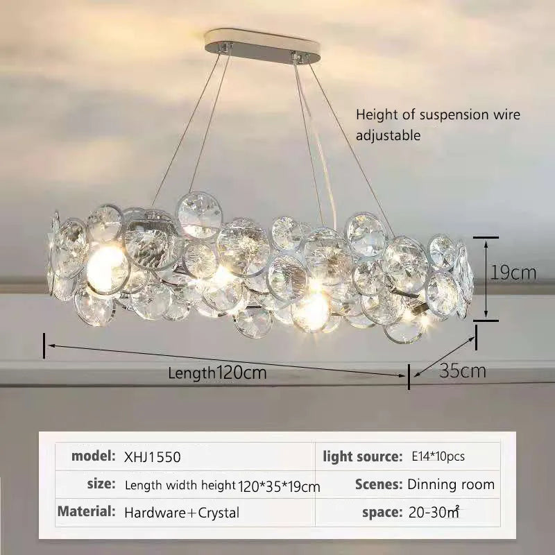 Suspension lumineuse moderne cristal transparent rond facettes chaînes métalliques salon chambre