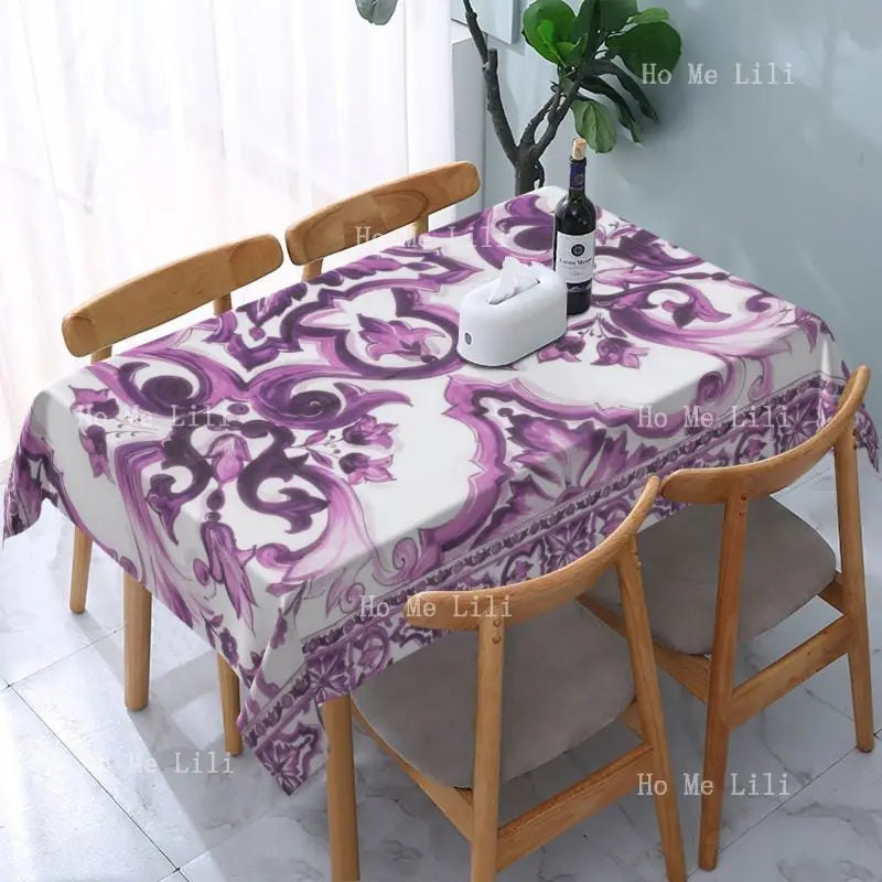 nappe rectangulaire motif floral baroque blanc bleu violet décoration table classique élégant polyester coton