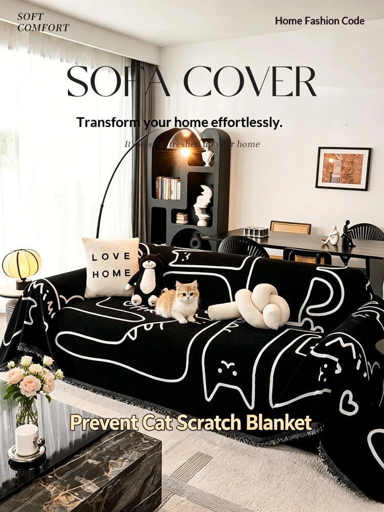 Housse canapé moderne beige dessins chats texture chenille oreiller love peluche tasse