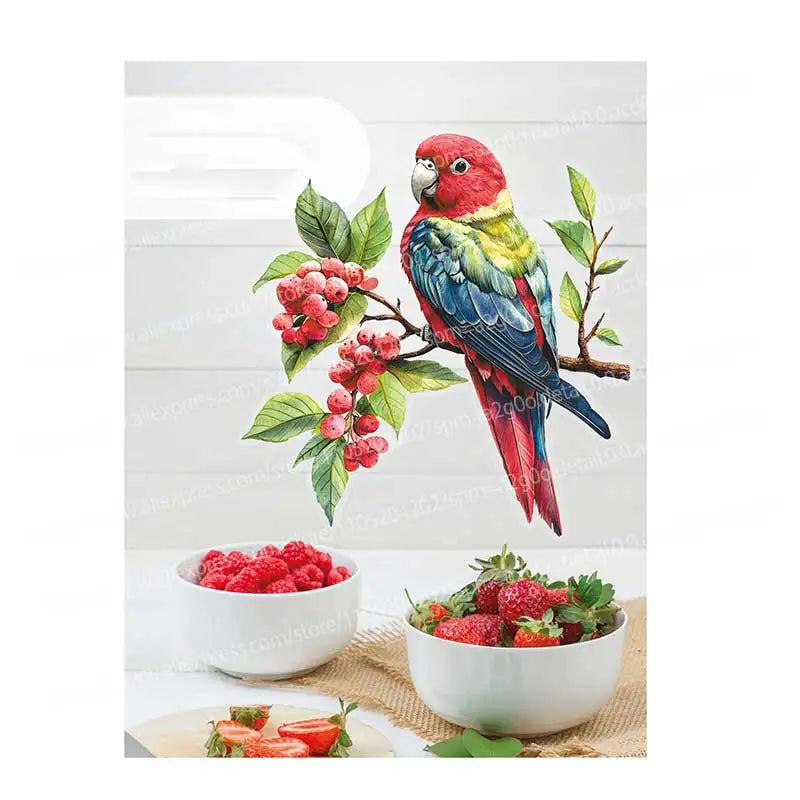sticker mural oiseau perroquet fleurs peinture aquarelle adhésif rouge vert bleu jaune blanc maison