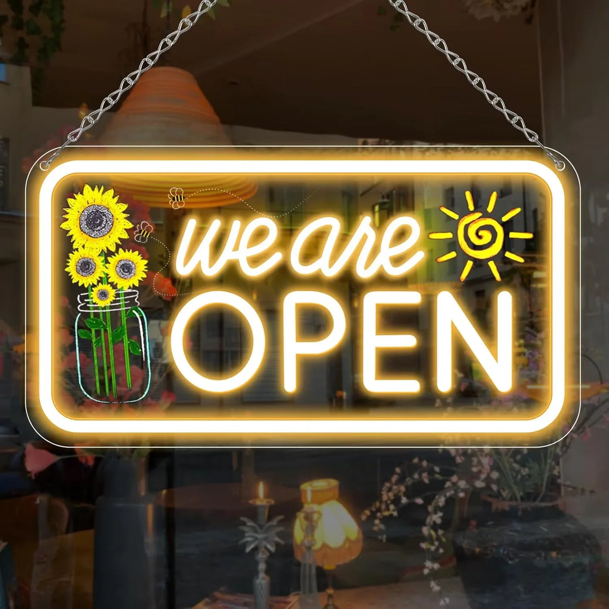 enseigne néon lumineuse WE ARE Open rose jaune bleu blanc moderne chaîne suspension câble