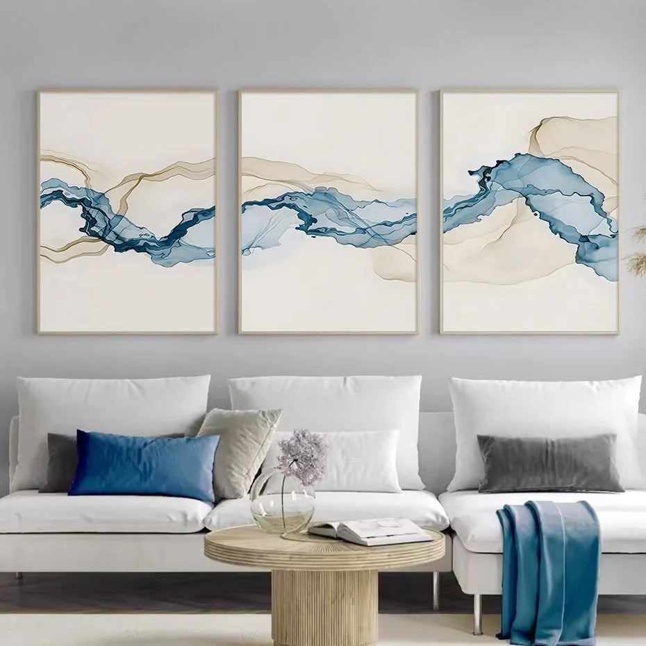 toile d'art abstraite moderne minimaliste beige bleu fluides sans cadre rectangle vertical huile nature