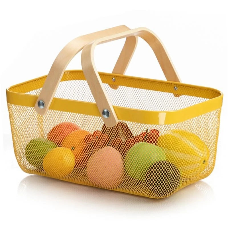 panier maille métal poignées bois blanc jaune noir moderne cuisine rangement fruits légumes
