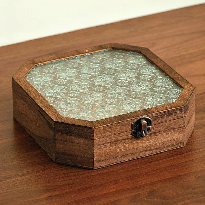 boîtes rangement bijoux bois miroir hexagonal vintage cadenas métal texture rustique classique