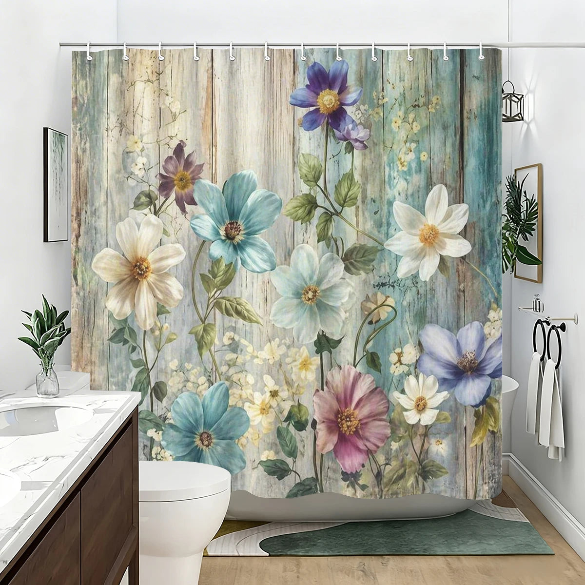 rideau douche fleur bleu blanc vintage 150x180cm polyester MACHINE WASHABLE