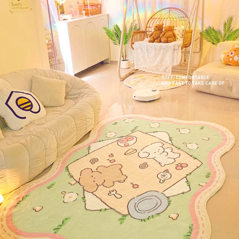 tapis dessin animé ours fruits fleurs vert clair rose pâle beige antidérapant confortable intérieur