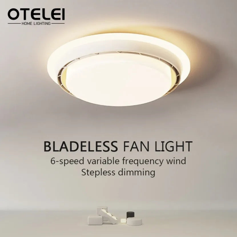lampe ventilateur sans pales invisible télécommande led moderne blanc brun noyer imitation bois fixations