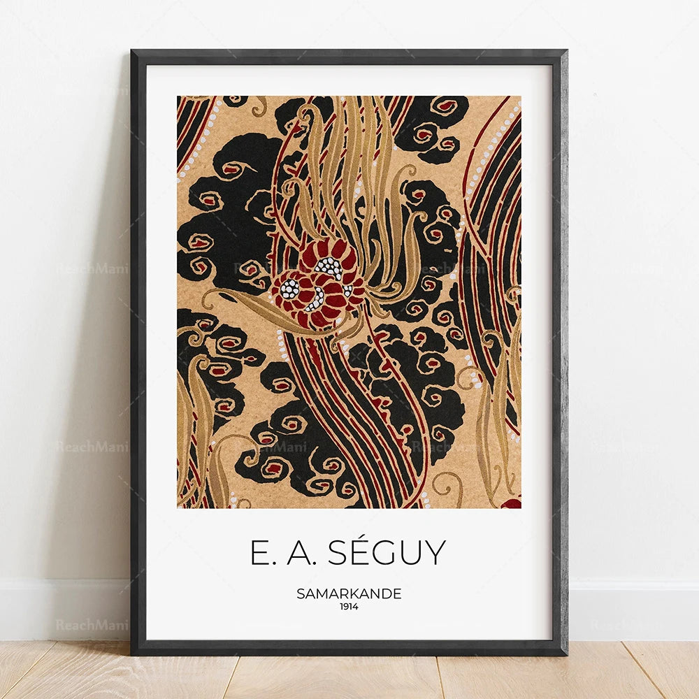 Cette affiche décorative présente une illustration de style moderne ornée de motifs floraux abstraits en teintes de beige, de rouge et de noir, ainsi que du nom de l'artiste E.A. Séguy et du titre de l'œuvre "Samarkande" datée de 1914.
