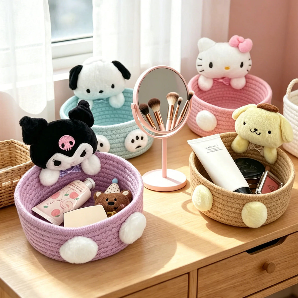 panier rangement corde tressée violet bleu clair beige rose peluches cosmétiques modernes