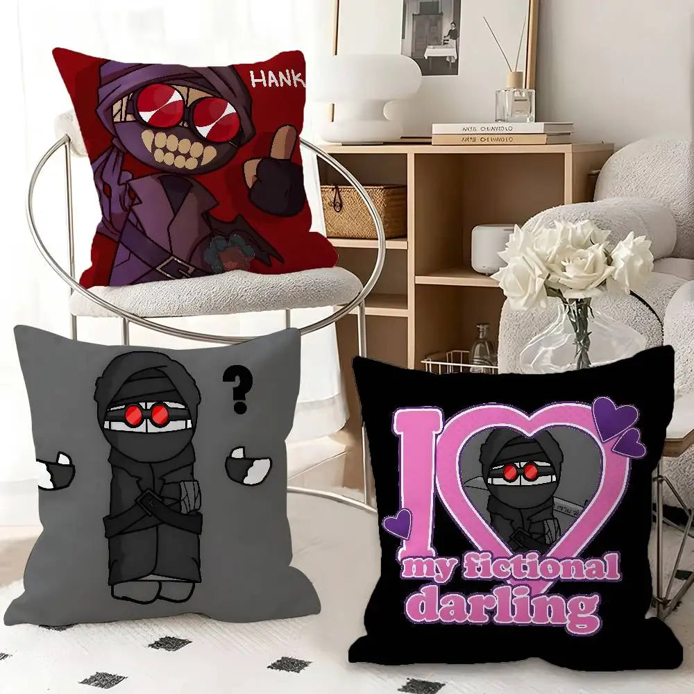 coussin carré décoration chambre personnage cartoon rouge noir violet motif animé canapé intérieur maison