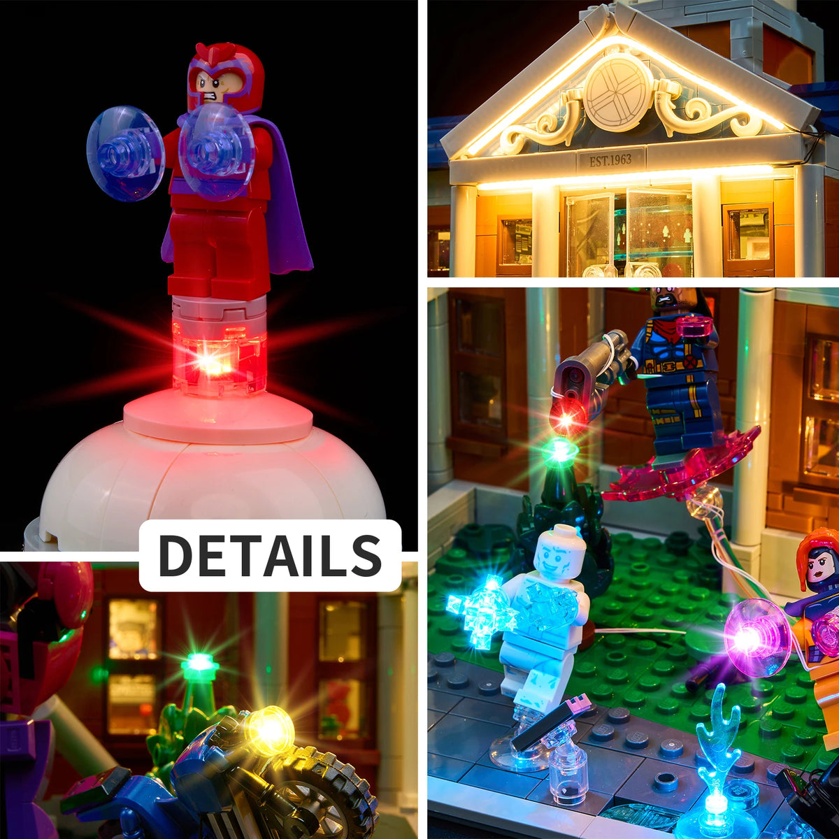 construction lego xmen maison lumineuse led marron blanc bleu verte rouge personnages details architecturaux