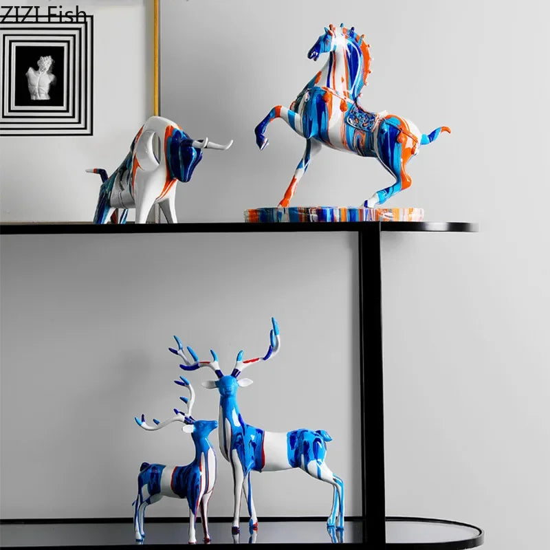 statue moderne cheval résine bleu orange marbrée opaque décoration intérieur salon bleu orange modernes