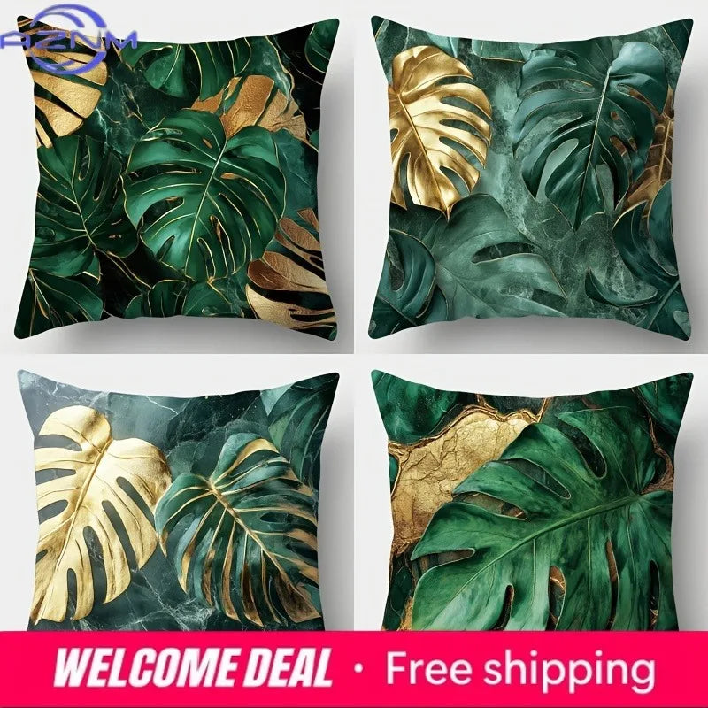 taies d'oreiller jacquard feuilles tropicales vert doré moderne 45x45cm lit maison decoration chambre comfort