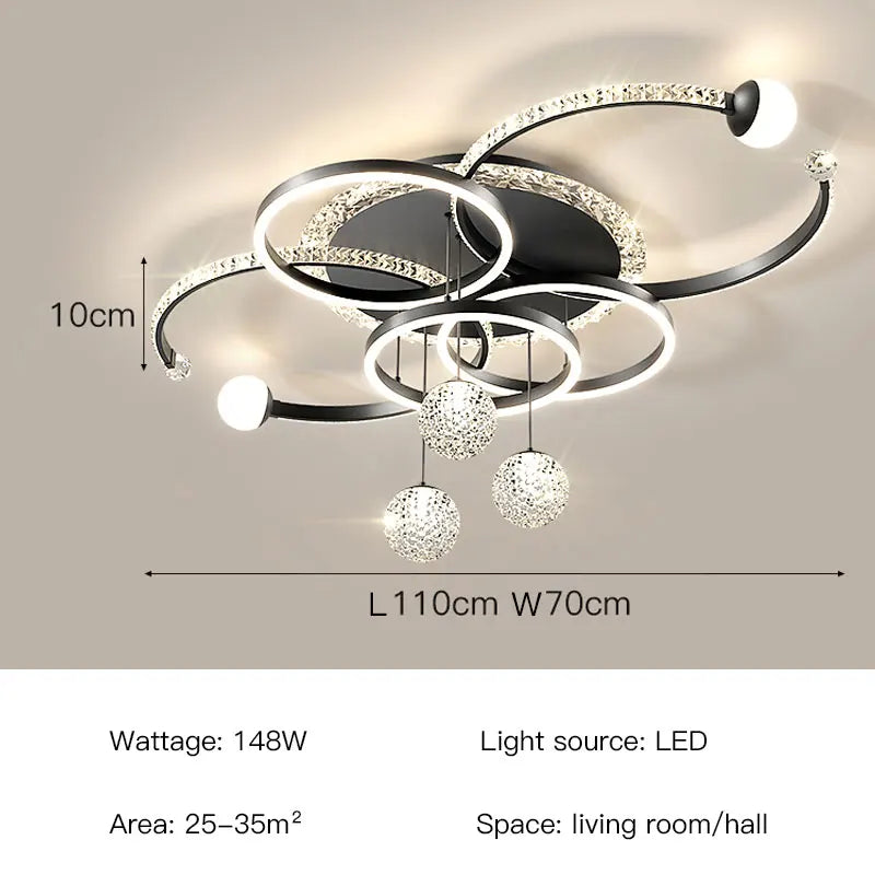lustre moderne suspension contemporain argenté doré blanc noir globes translucides anneaux lumineux strass decoration