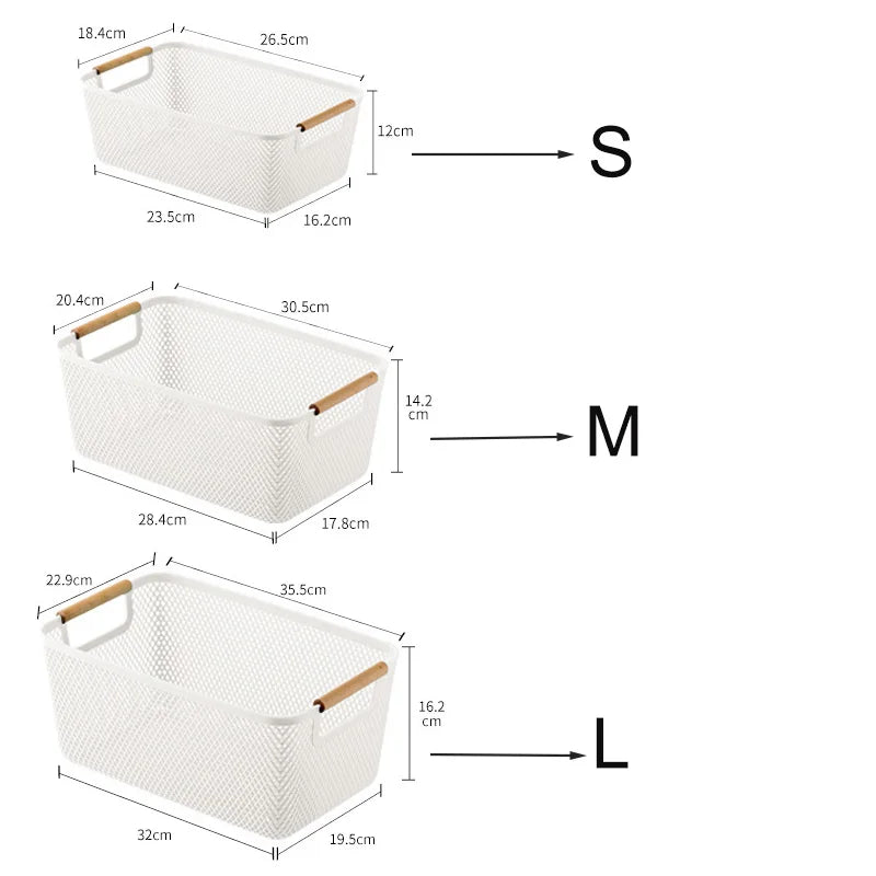panier rangement maille fine plastique respectueux l'environnement blanc moderne poignées bois taille