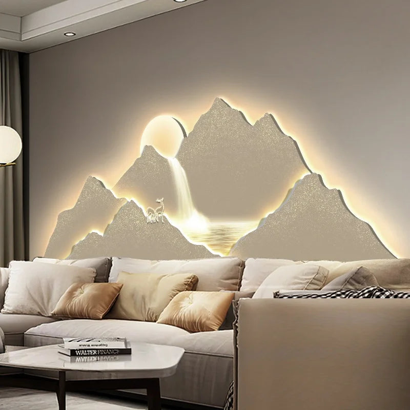 décoration murale moderne plaque blanc doré montagne cascade soleil motifs abstraits minimaliste