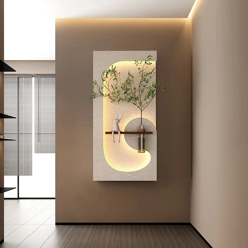 tableau mural moderne lampe led plante verte motif abstrait bois couleur beige vert marron