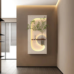 tableau mural moderne lampe led plante verte motif abstrait bois couleur beige vert marron