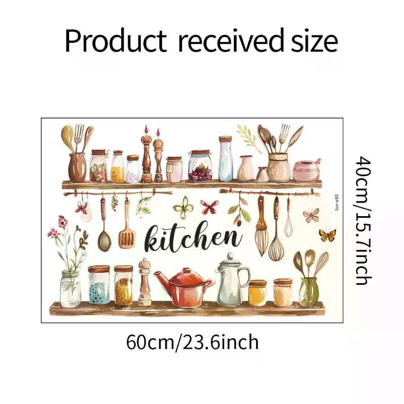 décoration murale sticker cuisine étagères bocaux ustensiles fleurs papillons aquarelle rustique