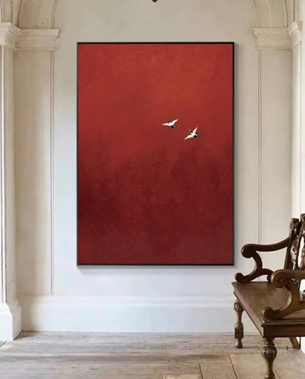tableau decoratif toile rouge fond blanc oiseaux vol texturé abstrait minimaliste sans cadre various