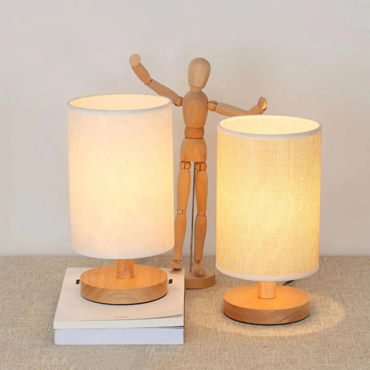 lampe table led usb moderne minimaliste abatjour tissu opaque bois clair chambre coucher
