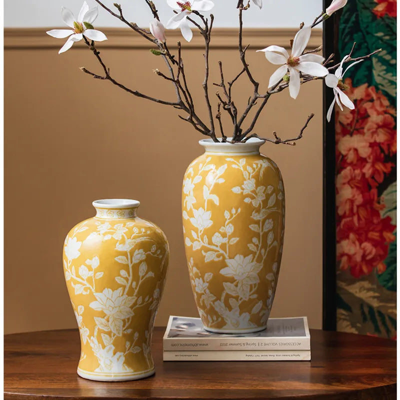 vase table céramique moderne jaune blanc fleurs hydroponique artisanal ornement classique