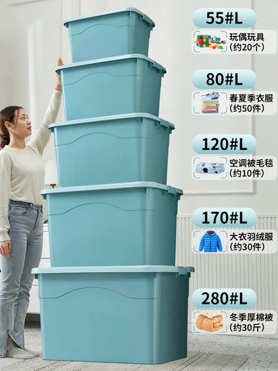 Boîte de rangement plastique verte avec couvercle et roulettes pour organisation intérieure