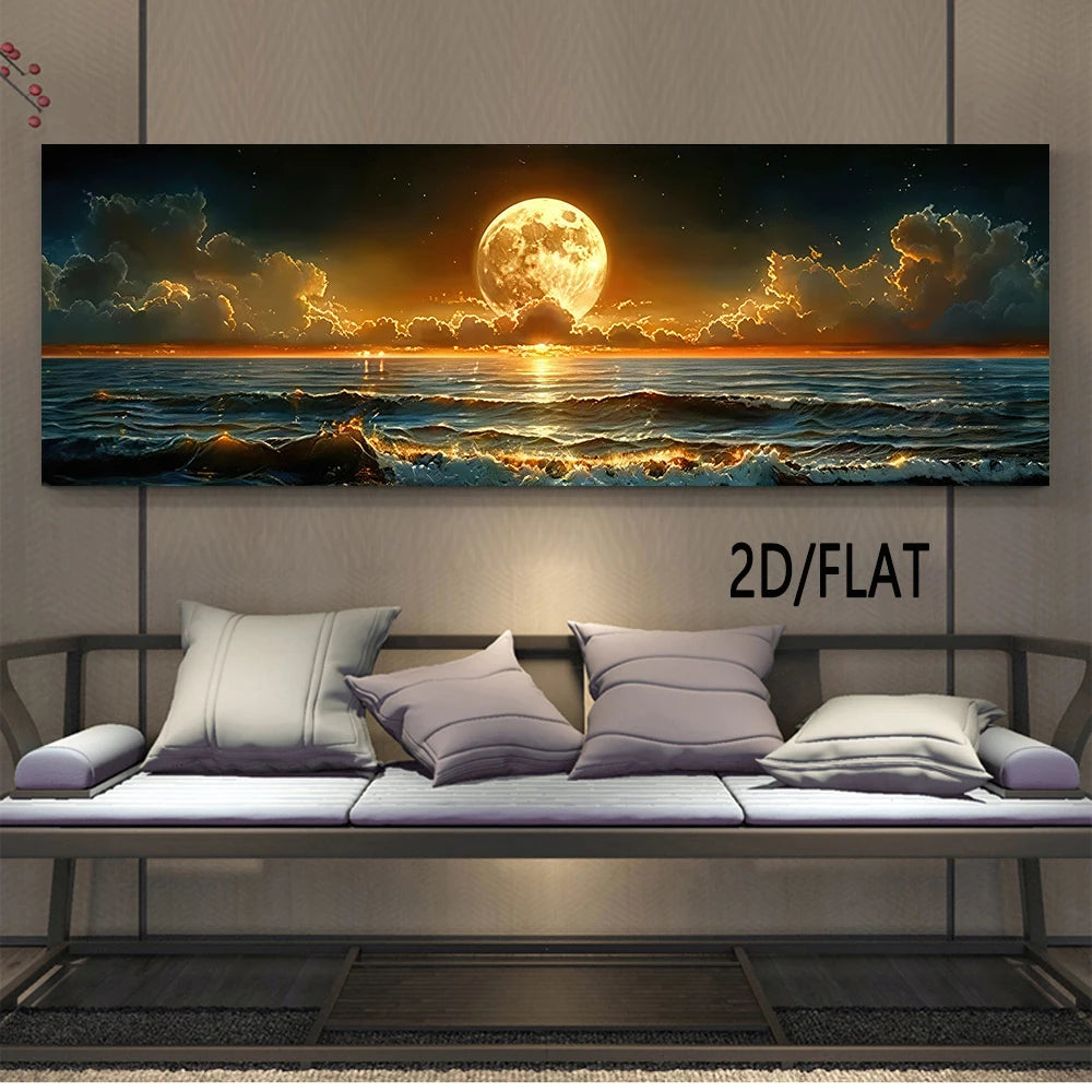 toile d'art moderne paysage marin coucher soleil lune blanc bleu orange jaune noir vertical