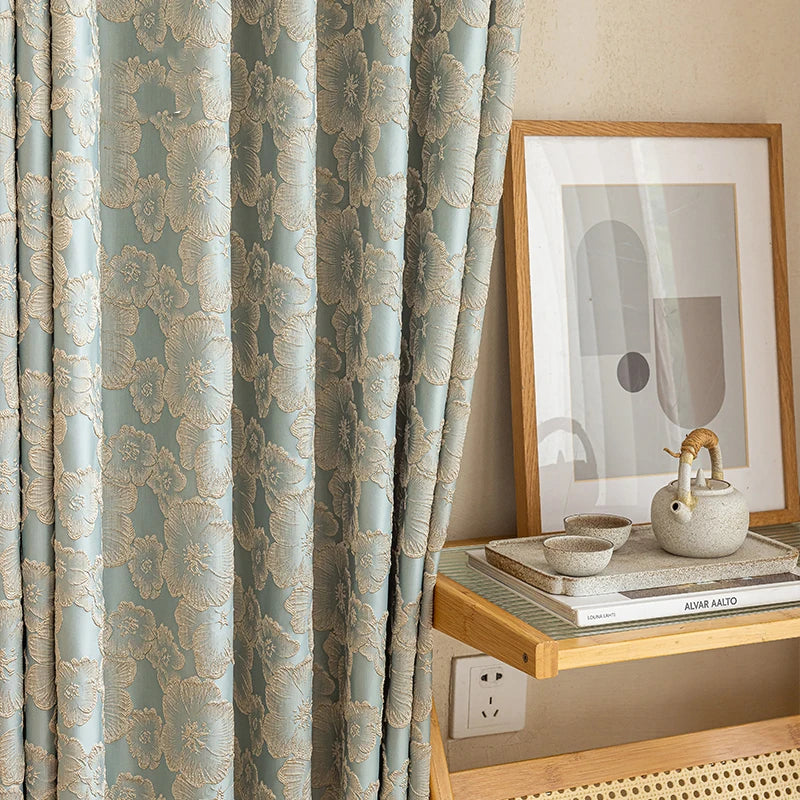 rideau fleur relief polyester bleu clair classique maison opacité chambre living kitchen