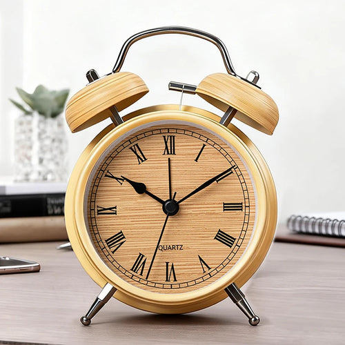 réveil rétro aiguille métal bois grainé cloches double face chambre antique vintage