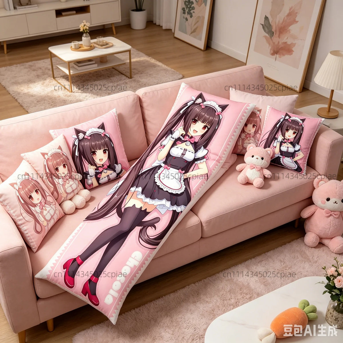 coussin long anime servante chats oreilles rose clair noir illustration fond uni lit polyester