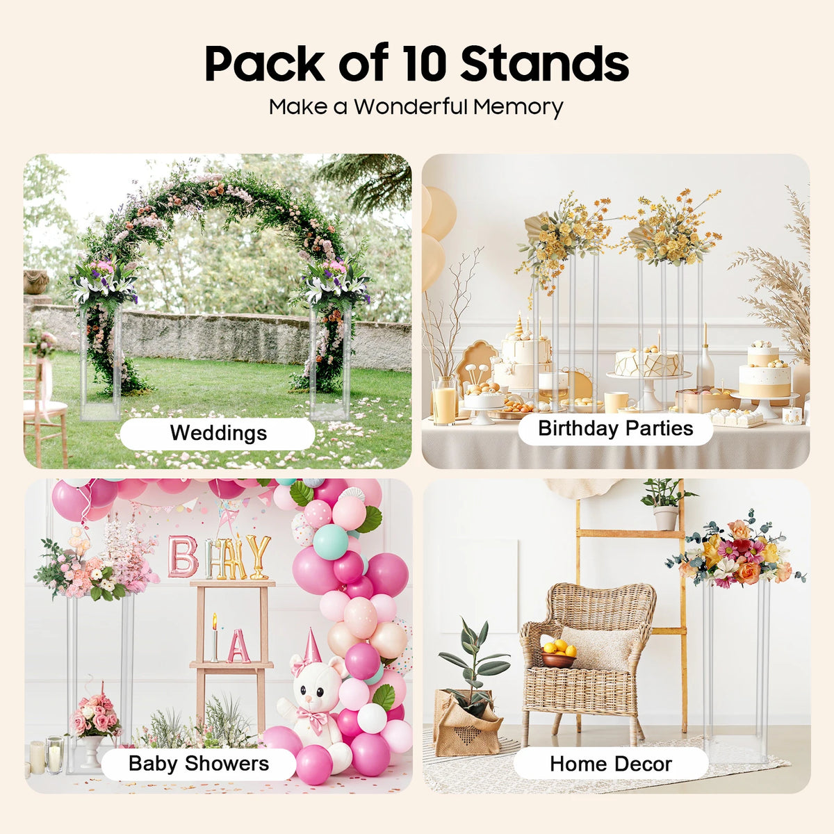 supports décoratifs transparents géométriques modernes événements pack 10 différentes couleurs