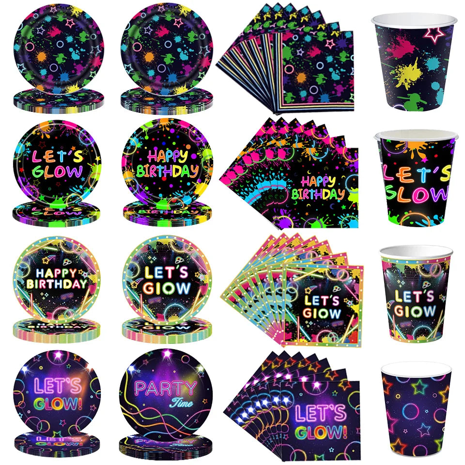 vaisselle jetable anniversaire néon assiettes gobelets serviettes papier noir motifs lumineux fête décorations