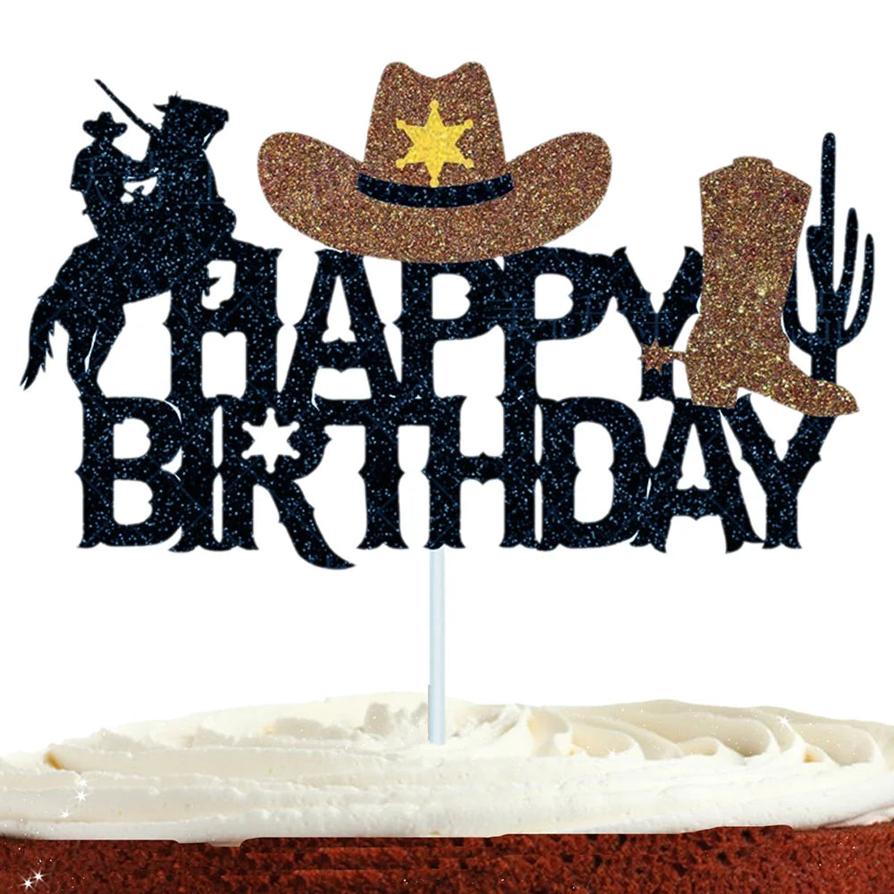 décoration gâteau anniversaire cowboy chapeau étoile botte cactus pistolet argent foulard crâne shérif glitter