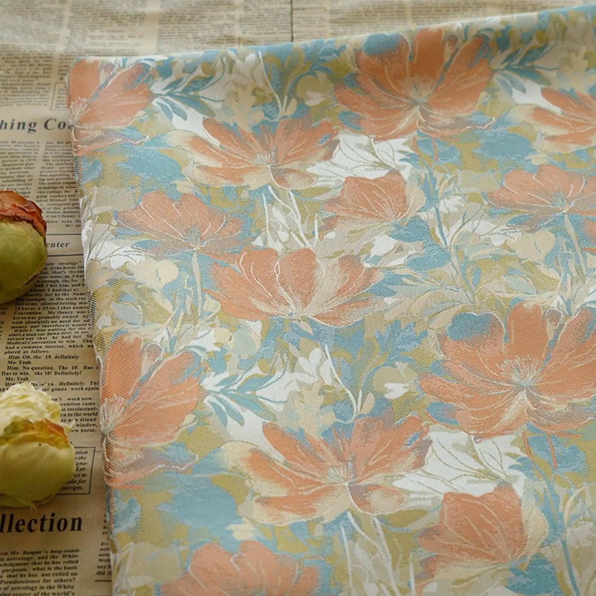 tissu imprimé floral orange bleu vert polyester largeur 158cm respectueux environnement Jacquard fleurs opaques