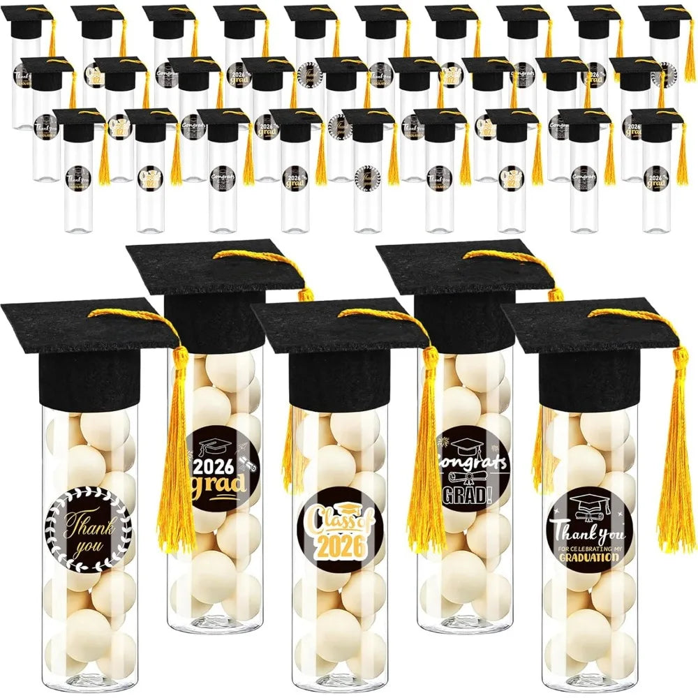 boîtes bonbons transparentes capsules graduation rubans autocollants décoration fête diplômes