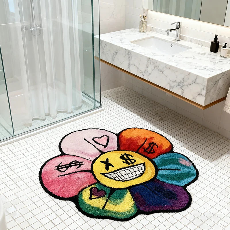 tapis multicolore fleurs symboles monétaires coeurs visages stylisés moderne pop art salon chambre 100x100cm