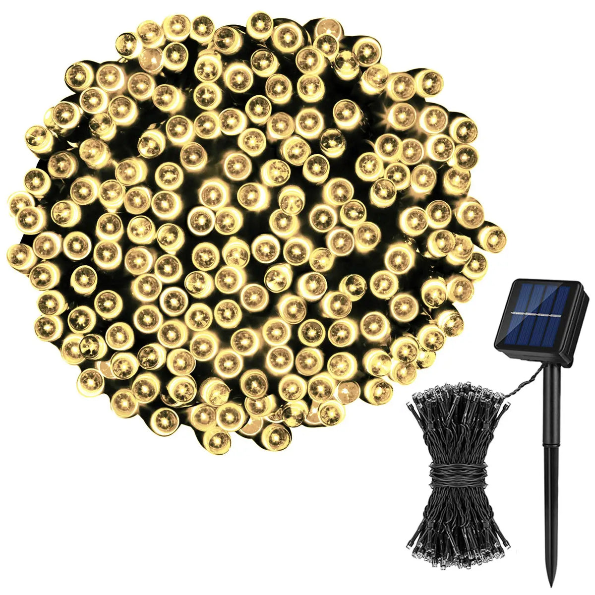 guirlande lumineuse solaire ip65 30mètres blanc chaud moderne interrupteur modes éclairage panneau solaire fixations