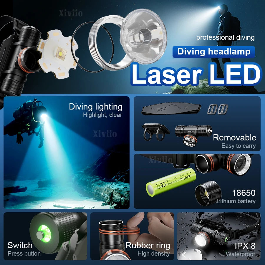 lampe torche plongée rechargeable led 30w ipx8 étanche 500m noir ceinture ajustable haute puissance