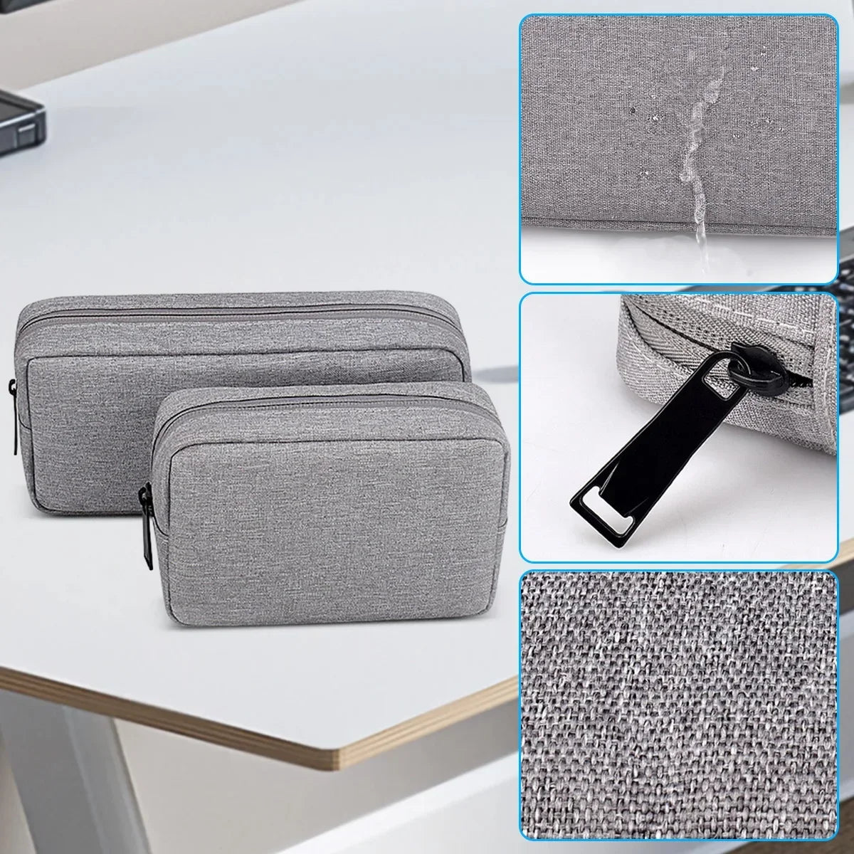 Sac main moderne toile gris clair zip compartiments internes taille 16 23 cm