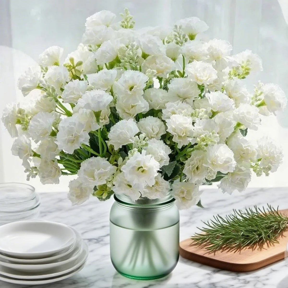 bouquet fleurs artificielles soie blanc rose bleu vase transparent moderne minimalisteintérieurDecoration
