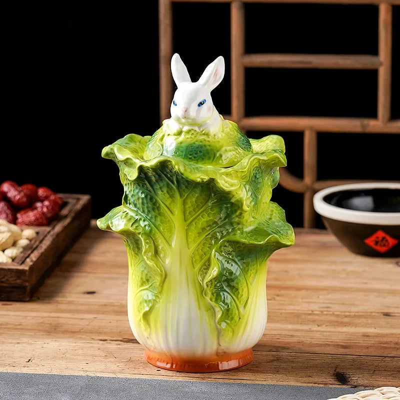 récipient decoratif forme chou couvercle lapin céramique vert blanc orange texturé ludique domestique hermétique