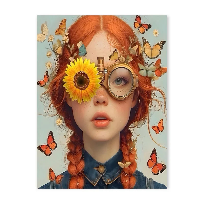 tableau toile art fleurs papillons lunettes moderne décoration mur salon cadre bois