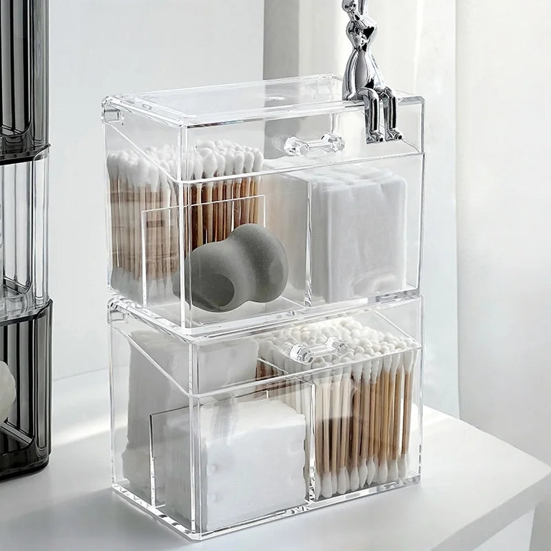 boîte rangement transparente moderne coton tige éponge maquillage salon beauté réutilisable minimaliste poignée