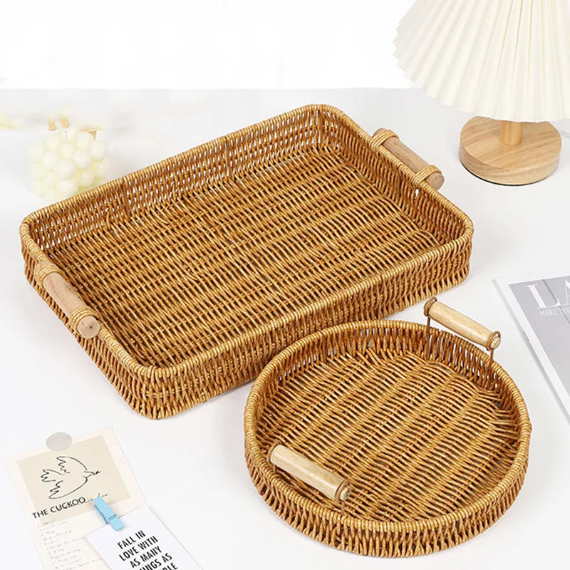 paniers rotin marron clair tissage fin poignées bois rustique rangement fruits pain maison