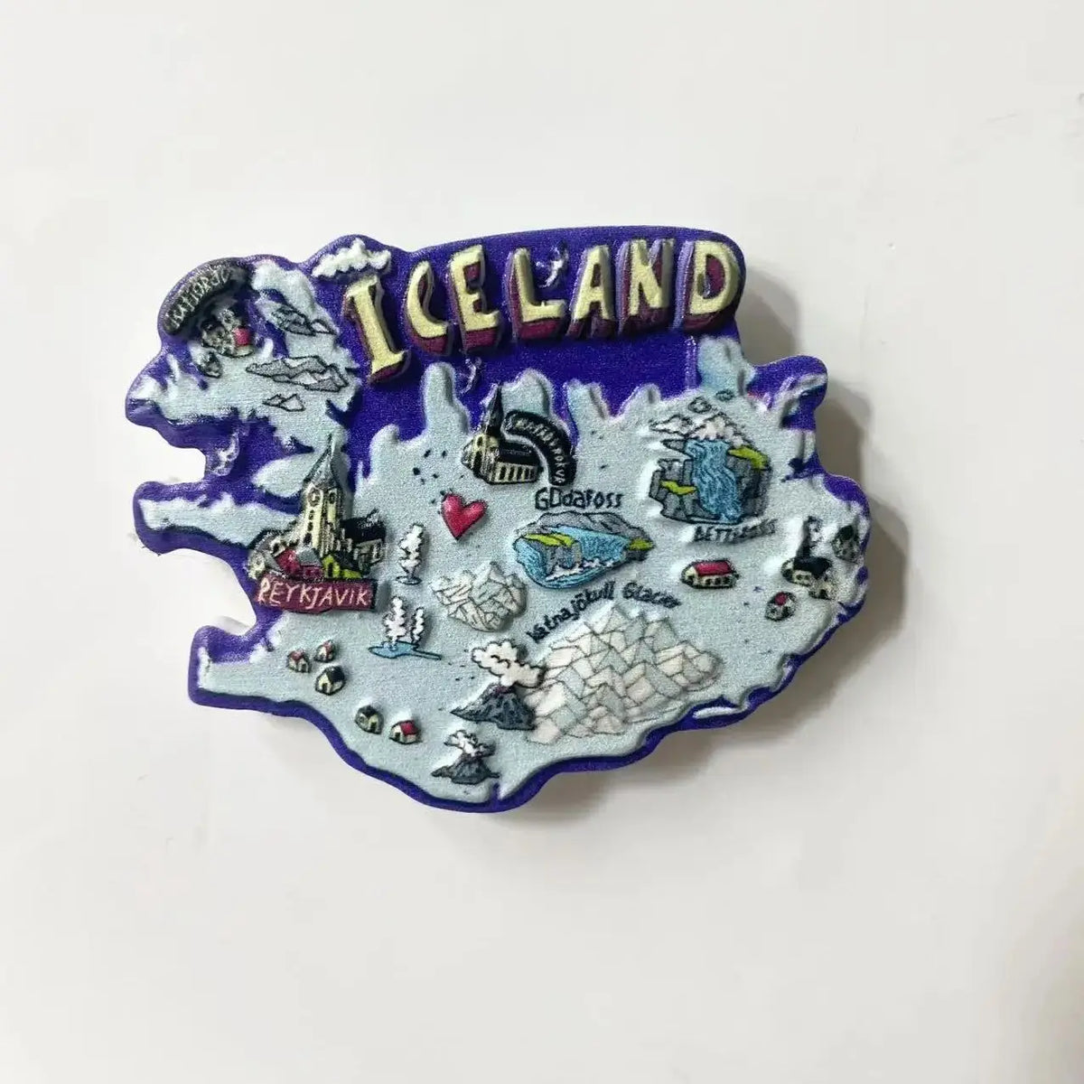 aimant souvenir carte islande paysages touristiques violet blanc gris bleu doré maison voyage